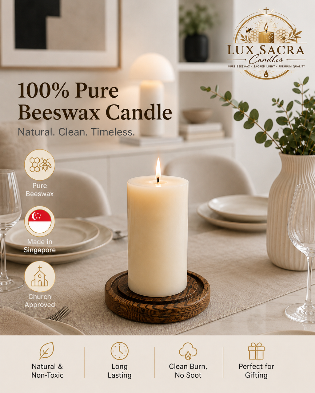 8 x 15cm Home Pascal Pure Beeswax Candle