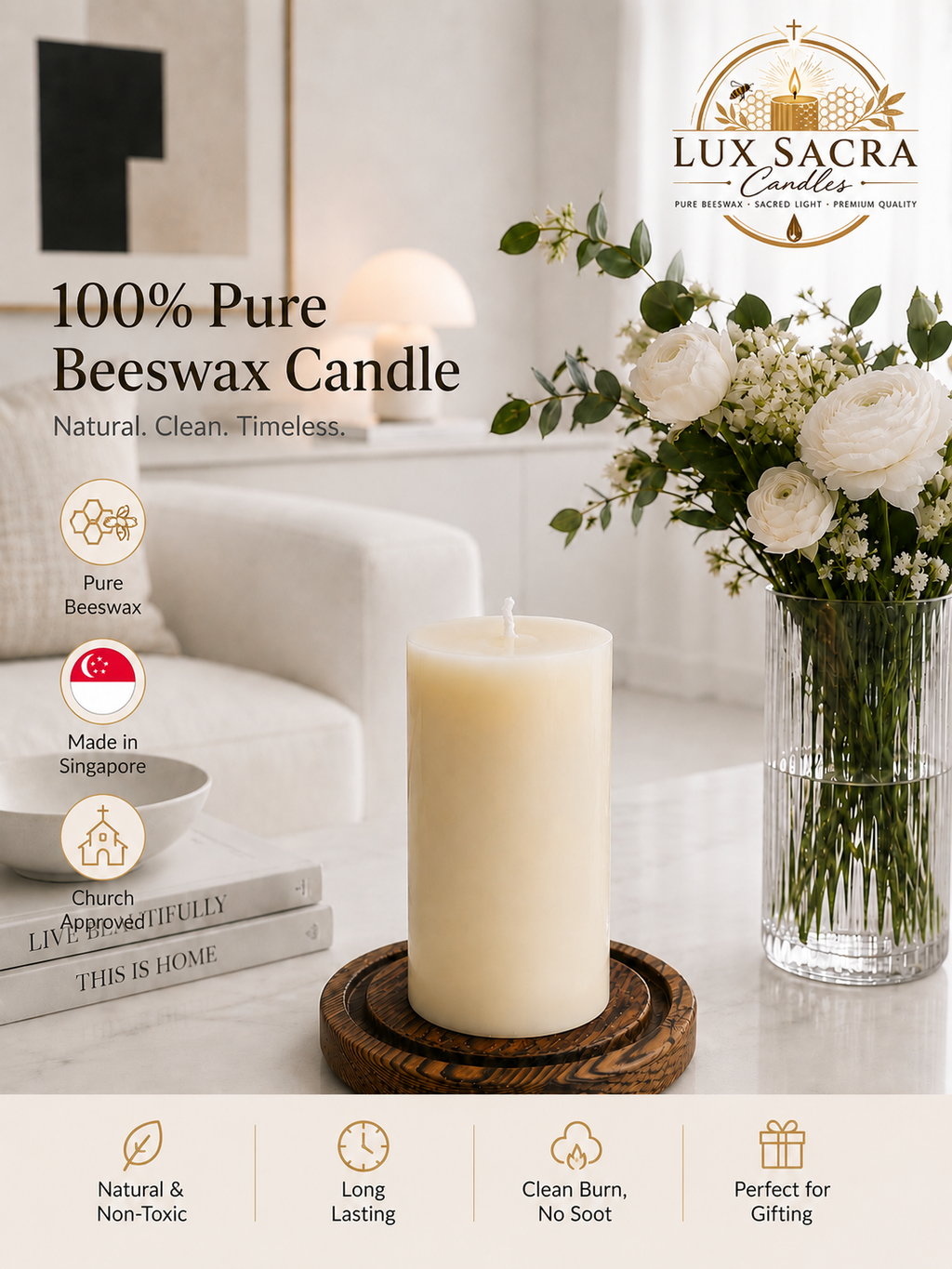 8 x 15cm Home Pascal Pure Beeswax Candle